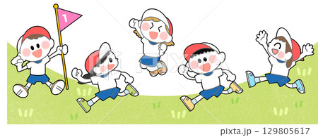 みんなで楽しくかけっこする5人の子どもたちのイラスト(横長、バナー、ポスター) 129805617