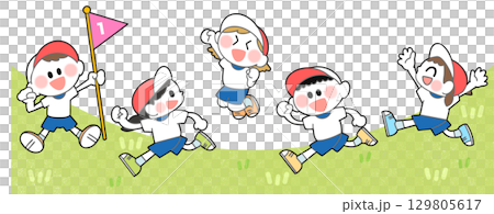 みんなで楽しくかけっこする5人の子どもたちのイラスト(横長、バナー、ポスター) 129805617