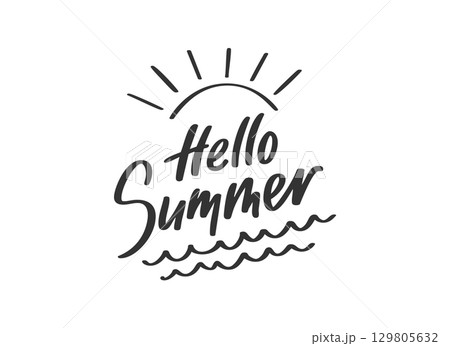 Handwritten lettering Hello summer in black ink calligraphy. Brushstroke modern summer time signage with sea waves and sun beams. Decorative playful freehand live signature for print banner poster Handwritten lettering Hello summer in black ink calligraphy. Brushstroke modern summer time signage with sea waves and sun beams. Decorative playful freehand live signature for print banner poster 129805632