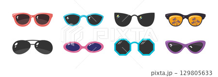 Sunglass flat icon set. Various types, modern shape, retro style, oval frame, round lens, cat eye, geometric design, black glass, tinted surface, palm reflection, cartoon colorful summer accessory 129805633