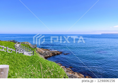 花咲岬から落石へ続く海岸線と町と漁港、夏の青空と海の風景(北海道根室市) 花咲岬から落石へ続く海岸線と町と漁港、夏の青空と海の風景(北海道根室市) 129806156