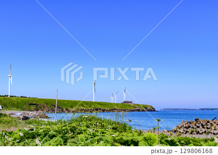 花咲岬から落石へ続く海岸線と町と漁港、夏の青空と海の風景（北海道根室市）  129806168
