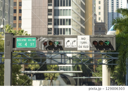 Traffic lights for traffic regulation high above street in Miami, Florida Traffic lights for traffic regulation high above street in Miami, Florida 129806303