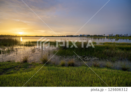 Evening landscape over lake water in southern tropical wetlands. Amazing Florida nature at sunset Evening landscape over lake water in southern tropical wetlands. Amazing Florida nature at sunset 129806312