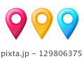 A vibrant set of three glossy 3D-style map location markers in pink, yellow, and blue. These navigation pins are commonly used in maps, GPS applications, and UI UX designs to indicate locations or 129806375