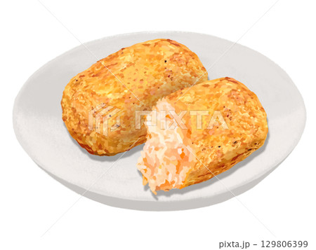 カニクリームコロッケ皿付き（1個と断面） 129806399
