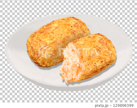 カニクリームコロッケ皿付き（1個と断面） 129806399