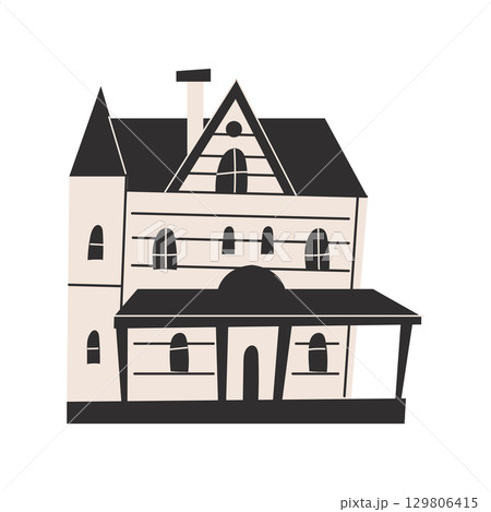 An illustration of a haunted mansion in gothic style. Spooky Victorian house with black roof and beige walls. Perfect for Halloween designs, posters, invitations, and seasonal projects. 129806415