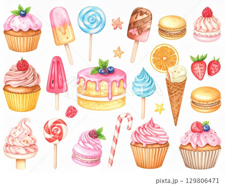 カラフルなカップケーキのイラストセット 129806471