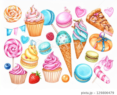 カラフルなスイーツのイラストのセット 129806479