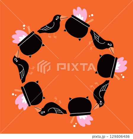 Simple Halloween circle frame. Cute Halloween frame border on orange background. The round vector design with soft colors, perfect for spooky autumn decorations, banners, stickers, ads, sale. Simple Halloween circle frame. Cute Halloween frame border on orange background. The round vector design with soft colors, perfect for spooky autumn decorations, banners, stickers, ads, sale. 129806486