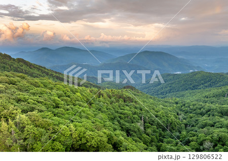 Evening landscape in Appalachian mountains. Woods nature in summer season. Colorful forest in Tennessee 129806522