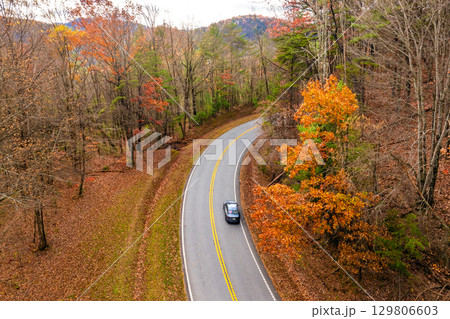 Blue Ridge Parkway in full autumn splendor. North Carolina mountain highway lined with brilliant red, orange, and gold foliage Blue Ridge Parkway in full autumn splendor. North Carolina mountain highway lined with brilliant red, orange, and gold foliage 129806603