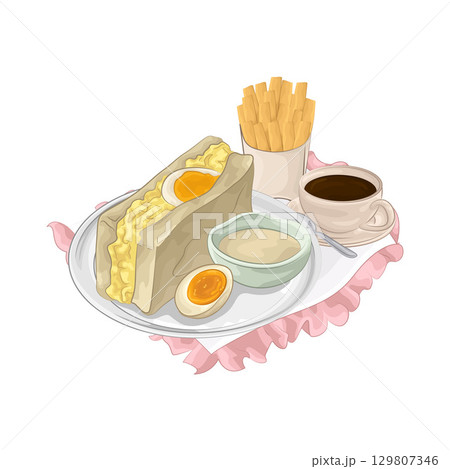 Illustration of Egg Sandwich and French Fries  129807346