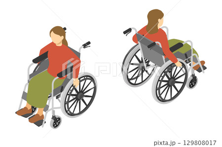 アイソメトリックイラスト：車椅子に乗る女性 129808017