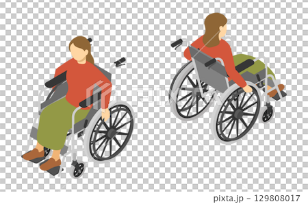 アイソメトリックイラスト：車椅子に乗る女性 129808017