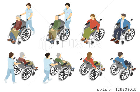 アイソメトリックイラスト：車椅子に乗る人 129808019