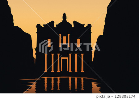 夕暮れのペトラ遺跡・宝物殿のシルエット 129808174