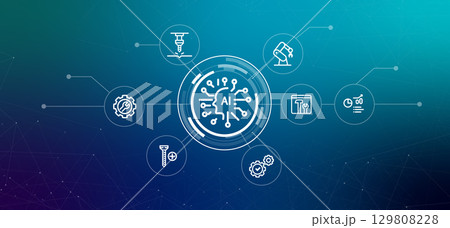 AI in industrial automation and manufacturing machine engineering robotic arm smart factories with artificial intelligence icon outline 129808228