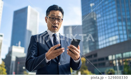 《AI画像》スマホで株取引をするビジネスマン 《AI画像》スマホで株取引をするビジネスマン 129808330