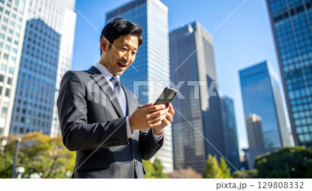 《AI画像》スマホで株取引をするビジネスマン 129808332