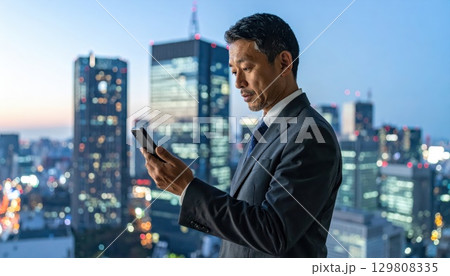 《AI画像》スマホで株取引をするビジネスマン 129808335