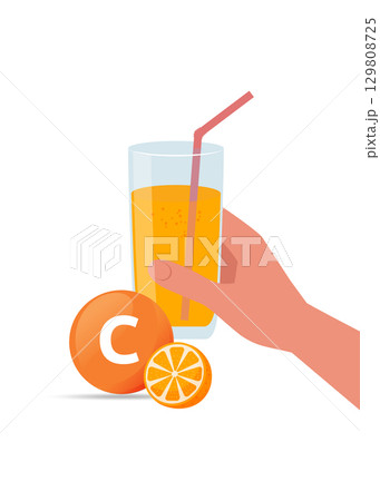 Hand holding glass of orange juice stock illustration 129808725