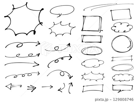シンプルな手書きのフレームや吹き出しと矢印のセット シンプルな手書きのフレームや吹き出しと矢印のセット 129808746