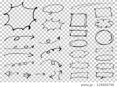 シンプルな手書きのフレームや吹き出しと矢印のセット シンプルな手書きのフレームや吹き出しと矢印のセット 129808746