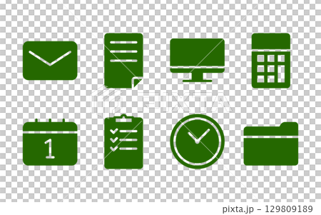 Business icon set (email, documents, PC, calculator, etc.) / Flat, simple, green 129809189