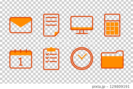 Business icon set (email, documents, PC, calculator, etc.) / 2-color, simple, orange Business icon set (email, documents, PC, calculator, etc.) / 2-color, simple, orange 129809191