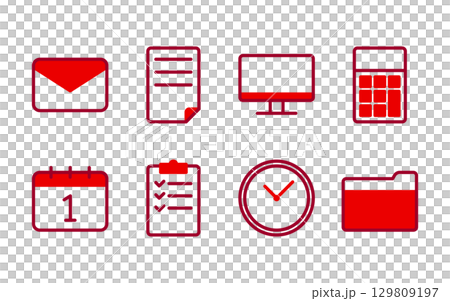 Business icon set (email, documents, PC, calculator, etc.) / 2 colors, simple, red 129809197