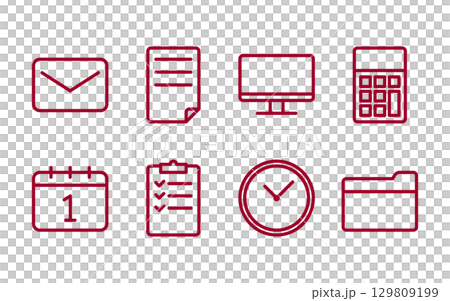 商業圖示集（電子郵件、文件、電腦、計算器等）/線條畫、簡單、紅色 129809199