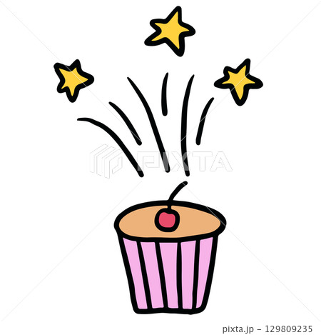 Hand drawn illustration of cupcake with cherry, star for bakery, pastry, food, snack, brunch, afternoon tea, coffee shop, sweet dessert, cute patch, sticker, cuisine, department store, shopping	 129809235