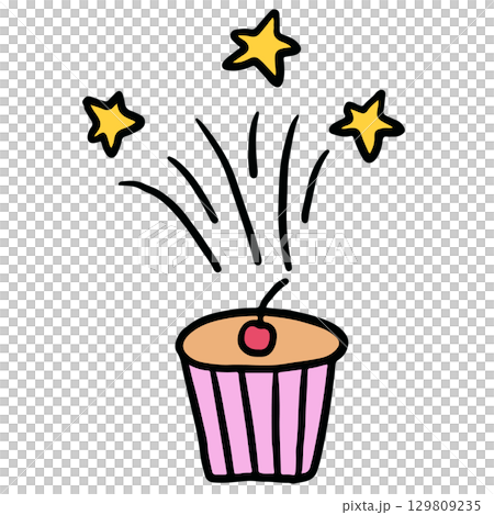 Hand drawn illustration of cupcake with cherry, star for bakery, pastry, food, snack, brunch, afternoon tea, coffee shop, sweet dessert, cute patch, sticker, cuisine, department store, shopping	 129809235