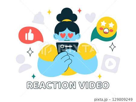 Reaction Video Vector Illustration featuring a Smartphone with a Viral Video and People Giving Likes and Reactions on Social Media in a Background 129809249