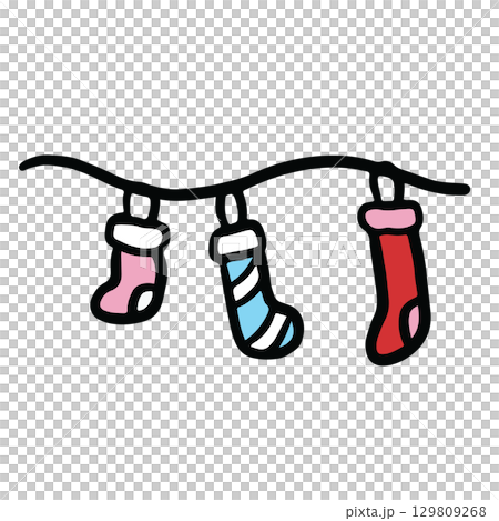 Hand drawn hanging socks for Christmas and New Year decoration, ornament, card print, sticker, festive winter, cute patches, shirt print, happy holiday, department store, brooch, pin, costume 129809268