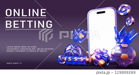 Online betting 3d banner. Casino or sport bet in mobile app. Smartphone screen mockup with neon poker chips, glass cards, slot machine, soccer ball, crown, gold gift box on purple bg. 3D illustration Online betting 3d banner. Casino or sport bet in mobile app. Smartphone screen mockup with neon poker chips, glass cards, slot machine, soccer ball, crown, gold gift box on purple bg. 3D illustration 129809269