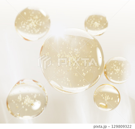 3d gold liquid gel cream oil drops texture. Floating cosmetic spheres with bubbles on light background. Yellow serum, retinol vitamin, hyaluronic essence, glycolic acid for skin care. 3D illustration 129809322