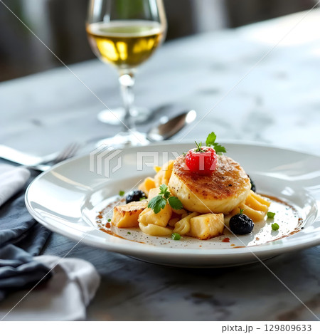 Delicious gourmet grilled cheese with gnocchi and fresh herbs on elegant white plate Delicious gourmet grilled cheese with gnocchi and fresh herbs on elegant white plate 129809633