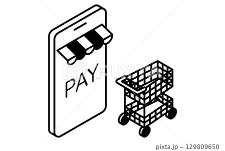 オンラインショップとショッピングカートのフィンテックアイコン、白黒 129809650