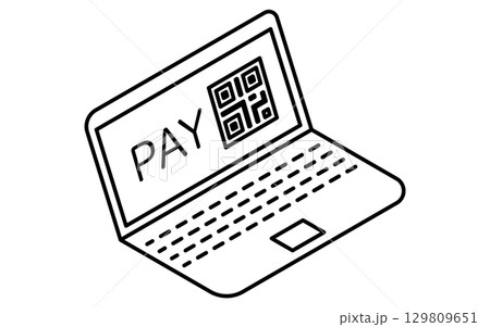 ノートパソコンとオンライン決済のバーコードのフィンテックアイコン、白黒 129809651