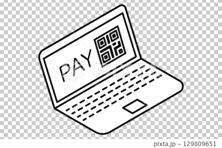 ノートパソコンとオンライン決済のバーコードのフィンテックアイコン、白黒 129809651