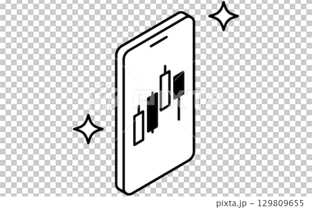 Fintech icon checking stock investment candle chart on smartphone, black and white 129809655