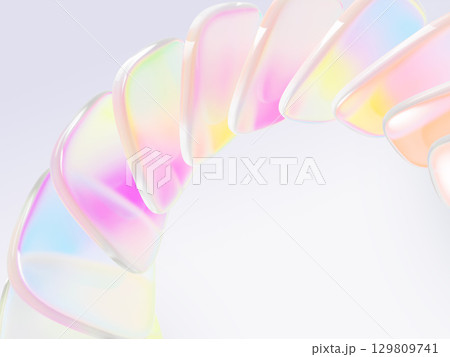 3d background with liquid glass wave effect of pearlescent rainbow square plates. Holographic iridescent ribbon flying in air. Abstract geometric plastic pattern. Digital tech banner. 3D illustration 3d background with liquid glass wave effect of pearlescent rainbow square plates. Holographic iridescent ribbon flying in air. Abstract geometric plastic pattern. Digital tech banner. 3D illustration 129809741