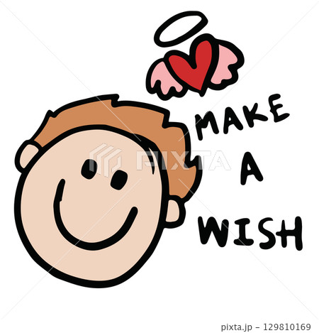Hand drawn a boy, heart with angel wings, MAKE A WISH letters for decorations, happiness, back to school, students, children, childhood, people, human, sticker, playground, family members, icon	 129810169