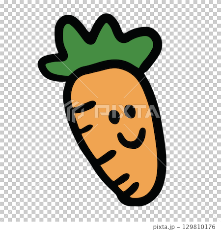 Hand drawn illustration of happy carrot for vegetable, breakfast, lunch, cafe, restaurant, menu, recipe, vegan, brooch, grocery shopping, supermarket, mart, icon, diet, salad, cartoon characters	 129810176