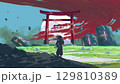 Samurai Approaching Floating Torii Gate 129810389