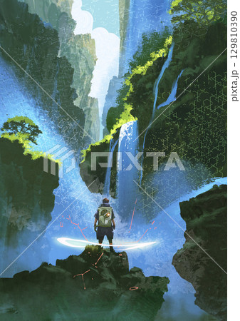 Explorer Standing Before Digital Waterfalls Explorer Standing Before Digital Waterfalls 129810390