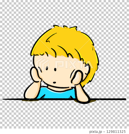 Bored young boy rests his chin on hands cartoon illustration Bored young boy rests his chin on hands cartoon illustration 129811325